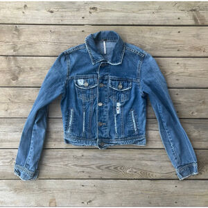 FREE PEOPLE Jacket Cropped Distressed Denim Jean Jacket Y2K Size 2